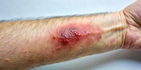 Fototapeta premium Close-up of a forearm with a Mantoux test reaction, showing a raised bump and reddish inflammation, indicating a positive result for tuberculosis detection.