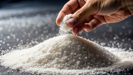 Close-Up Of A Hand Greedily Grabbing A Pile Of Granulated Sugar