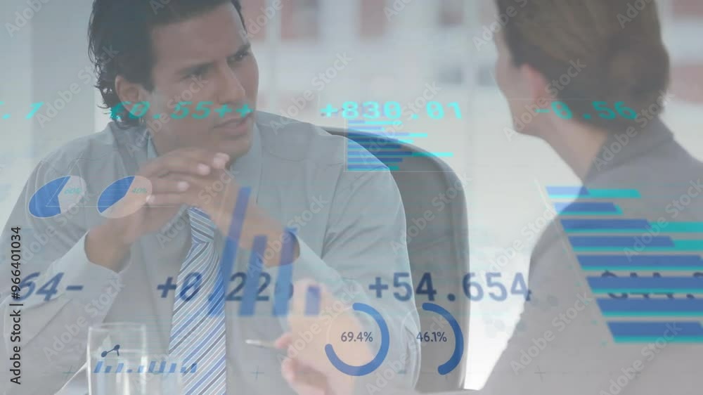 Poster animation of data processing over diverse colleagues talking in office
