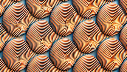 Artistic spiral patterns created with textured clay in warm tones arranged in a rhythmic design