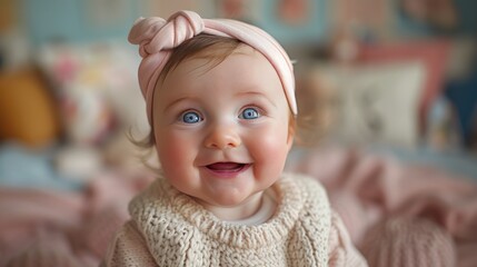 A close-up portrait of a happy baby girl with blue eyes and a pink headband, looking at the camera and smiling.