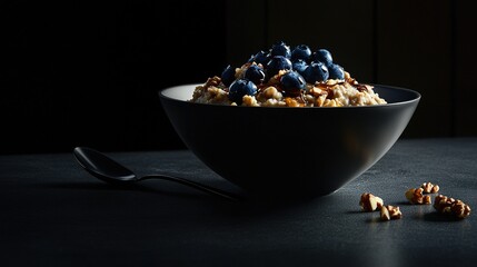   A bowl of cereal topped with blueberries and walnuts sits on a table, accompanied by a spoon