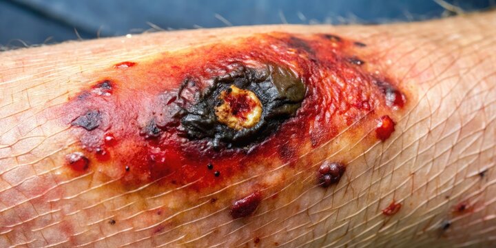 Close-up of a severe eschar wound with dry, black, and crusty scab, surrounded by red, swollen, and inflamed skin, on a limb, requiring medical attention.