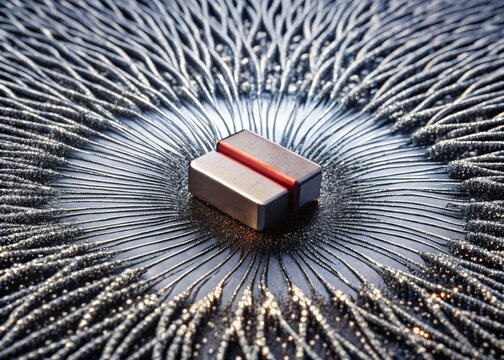 Close-up of a strong neodymium magnet suspended above a surface, surrounded by a mesmerizing pattern of iron filings tracing curved magnetic field lines.