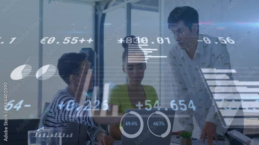 Poster animation of data processing over diverse colleagues talking in office