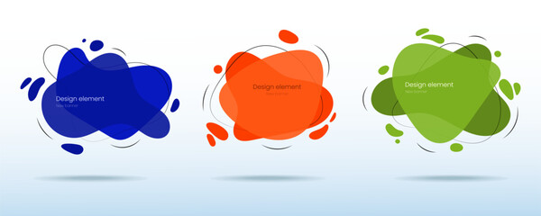 Set of modern banners in liquid design with black outline. Flat geometric shapes of different colors - blue, orange, green. Fashionable dynamic elements. Vector illustration