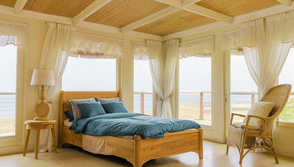 Charming coastal bedroom with wooden accents and a view of the ocean.
