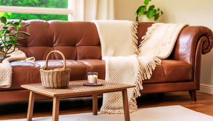 Cozy living room with a leather sofa, warm blankets, and natural decor for a rustic touch.
