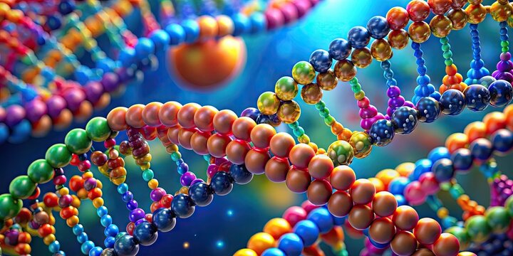 Close-Up Of Colorful Helical Dna Strands Forming A Complex Molecular Structure With Nucleotide Bonds