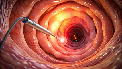 CLOSE-UP OF FIBER OPTIC ENDOSCOPE EXAMINING ESOPHAGUS, ILLUMINATING INFLAMED TISSUE AND MINISCULE BLOOD VESSELS IN VIVID DETAIL WITHIN THE INTERNAL ORGANS.