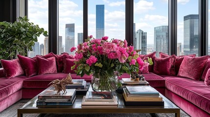 Fototapeta premium Elevate Your Space with a Sophisticated Lounge Poster: Deep Pink Floral Arrangements, Classic Velvet Couch, and Chic City Views for a Stylish Interior Vibe