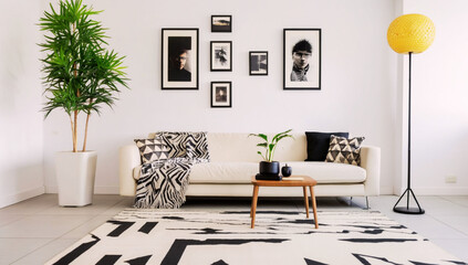 Monochrome modern living room with white walls, patterned cushions, and an elegant gallery wall.
