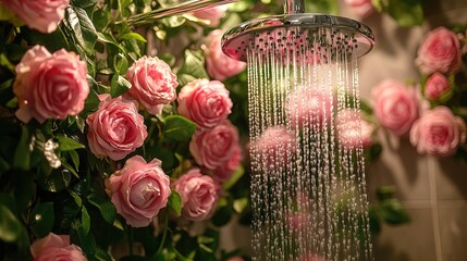 Elevate Your Space: A Serene Chrome Shower Experience Surrounded by Pink Roses – Perfect for a Spa-inspired Poster in Your Bathroom or Wellness Retreat!