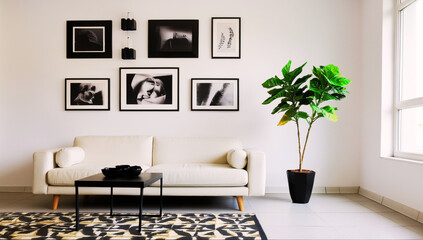 Minimalist living room with white walls, sleek furniture, and stylish black-and-white decor accents.

