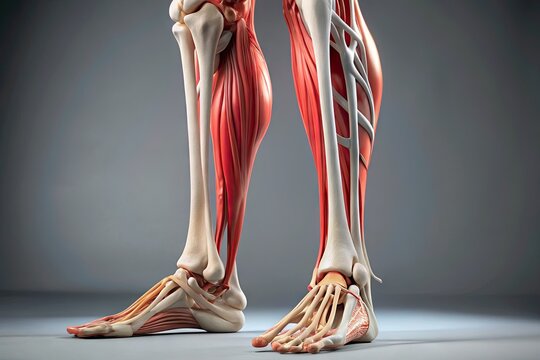 Close-up of the fibularis tertius muscle in the lower leg, highlighted in red on a transparent anatomical model with surrounding bones and tendons.