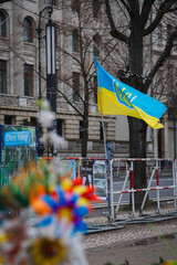 Berlin, Germany - August 4 2023: The Ukrainian flag outside the Russian embassy in Berlin.