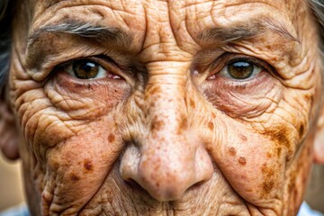 Close-up of weathered skin with dark spots, wrinkles, and fine lines, showcasing the effects of prolonged sun exposure and UV damage.