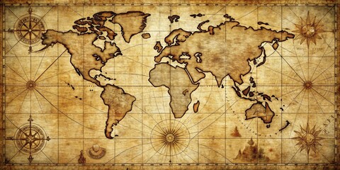 Obraz premium Vintage World Map with Compass and Sun, Old Paper, Nautical Design, World Map, Compass, Sun, Exploration