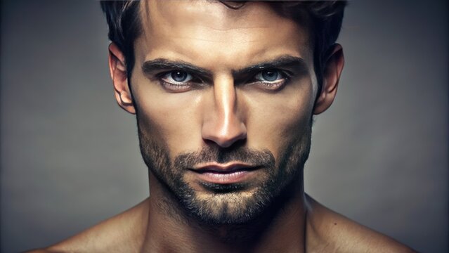 Close-up portrait of a strong, chiseled male face with a serious expression, defined jawline, and dark stubble, set against a subtle, gray-toned background.