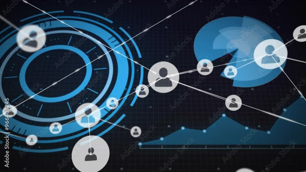 Poster animation of diagrams over network of connections with icons