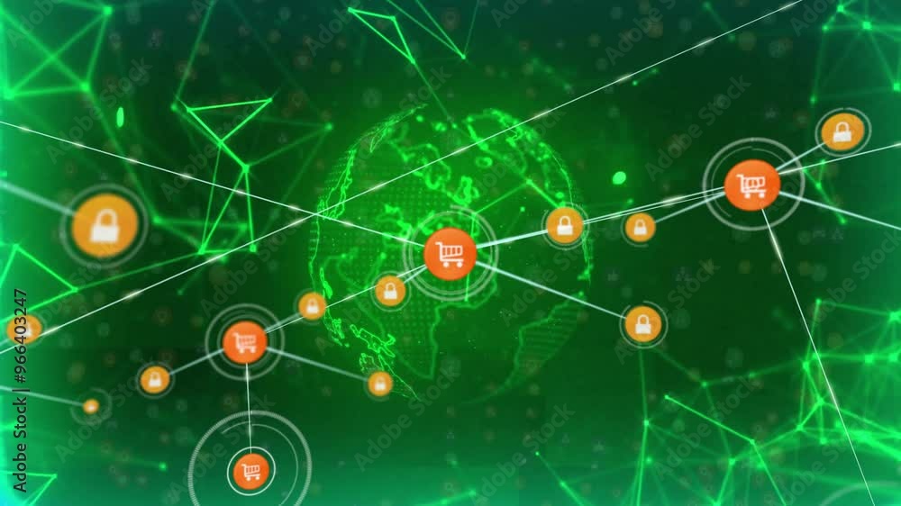 Poster animation of globe over network of connections with icons