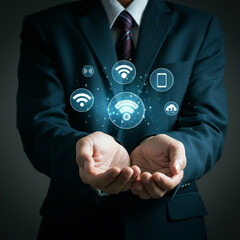 Man in Suit Holding Cloud Technology with Wi-Fi, Global Connectivity, and Communication Icons