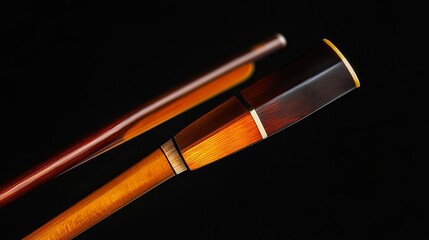 Two violin bows, one orange and one brown, rest against a contrasting black background. The glossy, polished surfaces of the bows create a striking visual effect against the dark backdrop