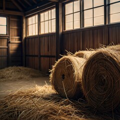 Hay bales stacked inside a rustic barn with soft natural lighting highlighting wooden walls