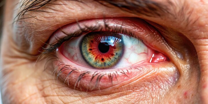 Close-Up View Of A Person'S Eye With Visible Symptoms Of Cancer, Including Dilated Pupils, Swollen Eyelids, And Redness