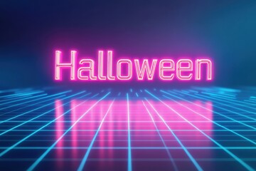 Neon pink Halloween text with a reflective glow on a digital grid surface, creating a retro synthwave atmosphere