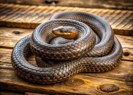 Coiled and twisted, a beautiful specimen of a large, dark-colored biscione snake, native to Italy, sits atop a rustic wooden table in a natural setting.