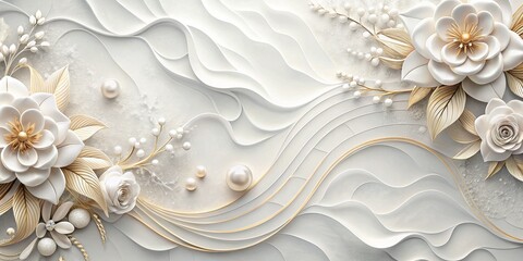 White and Gold Floral Abstract with Pearls and Wavy Lines, 3D, Decorative, Wall Art, white flowers, gold leaves, pearl