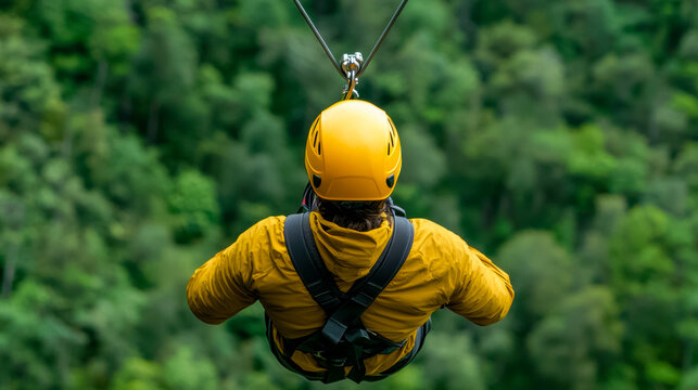 zipline - sliding on a rope, back view, man sliding down a canyon in the jungle, adventure on a vacation in the jungle