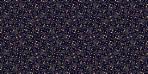 Fototapeta premium Golden vector seamless pattern. Luxury geometric floral ornament. Black and gold background with linear flowers, leaves, petals, curved lines. Abstract oriental geo texture. Modern repeated design