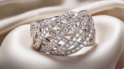 Naklejka premium A stunning diamond ring featuring intricate designs and sparkling stones, resting elegantly on a soft fabric background.