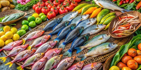 Fototapeta premium Colorful assortment of fresh fish, including tilapia and catfish, laid out on a woven mat at a vibrant African marketplace or dockside setting.