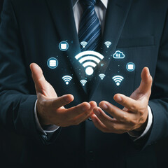 Man in Suit Holding Cloud Technology with Wi-Fi, Global Connectivity, and Communication Icons