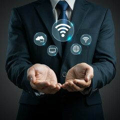 Man in Suit Holding Cloud Technology with Wi-Fi, Global Connectivity, and Communication Icons