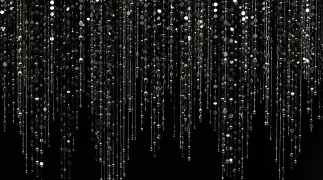 A background with a cascade of black and silver beads subtly leading to a reserved space. 