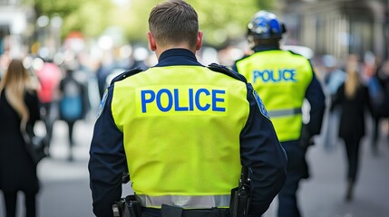 Police officers in bright yellow jackets monitoring a crowd. AI generated image