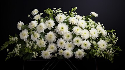 A gentle arrangement of pale chrysanthemums and baby's breath against a matte black backdrop. 