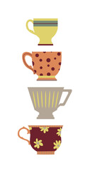 multi-colored cup set with different patterns. Tea, coffee, drinks. Banner for the interior. Mid-century. Hand-drawn. Vector illustration.