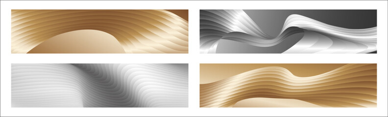 Obraz premium Wavy silver and gold parallel gradient lines, ribbons, silk. Set of 4 backgrounds. Black and white with shades of gray or golden silk. Banner, poster. eps vector