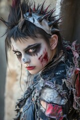 A striking portrait of a person with punk-inspired makeup and attire, featuring dramatic details.