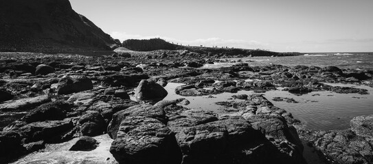 Giant's Causeway in Ireland. The rocky beach stretches into the distance. In the distance, the basalt formations of the Causeway are visible. Black and white.