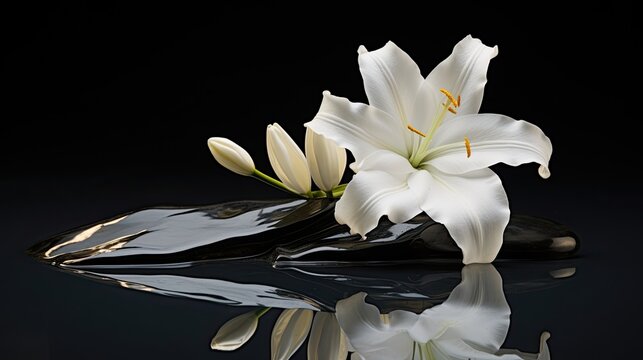 A serene composition where a single white lily rests on a polished obsidian surface. 