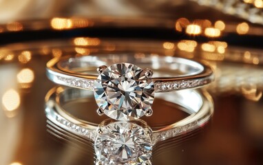 A sparkling diamond engagement ring set on a reflective surface, showcasing elegance and luxury.