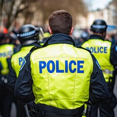 Police officers in bright yellow jackets monitoring a crowd. AI generated image