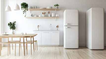 Fototapeta premium Minimalist Kitchen Interior with White Cabinets and Two Refrigerators
