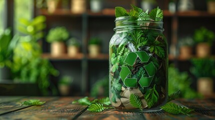 Fototapeta premium A glass jar filled with green leaves and recycle symbols on a wooden table.